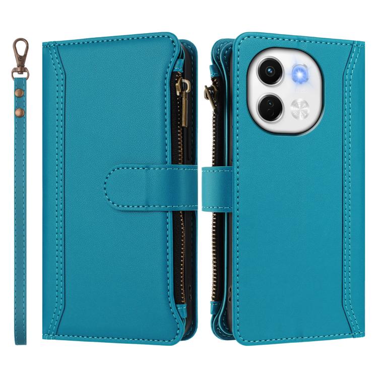 For Tecno Spark 30 5G Magnetic Closure 9 Card Slots Zipper Leather Case with Hand Strap