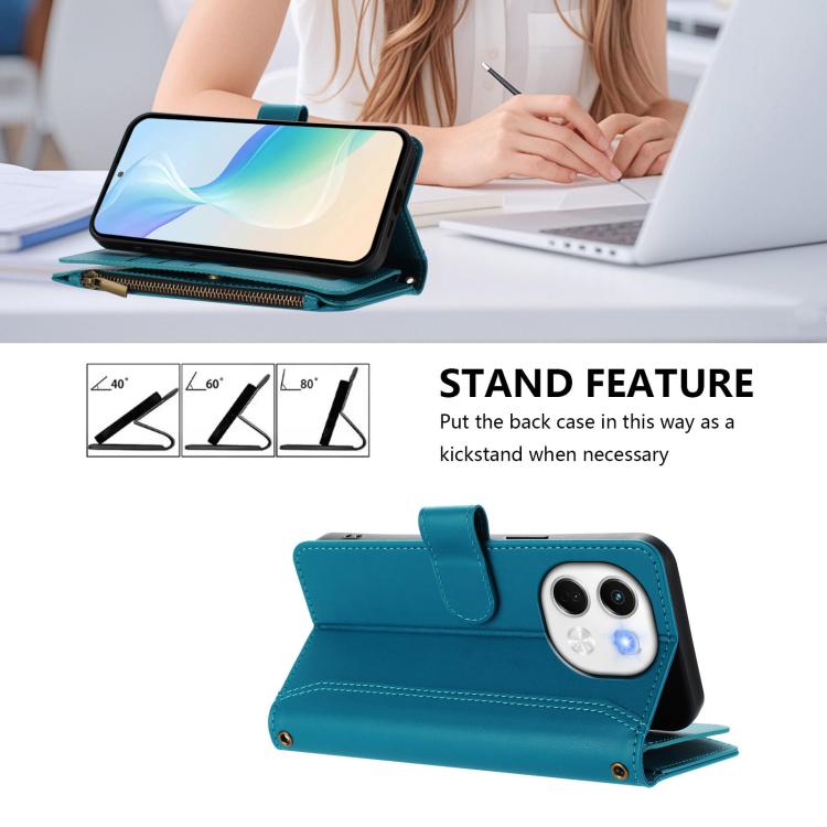 For Tecno Spark 30 5G Magnetic Closure 9 Card Slots Zipper Leather Case with Hand Strap