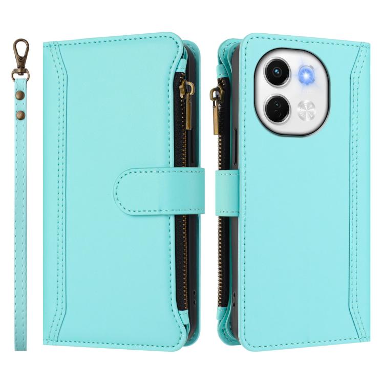 For Tecno Spark 30 5G Magnetic Closure 9 Card Slots Zipper Leather Case with Hand Strap