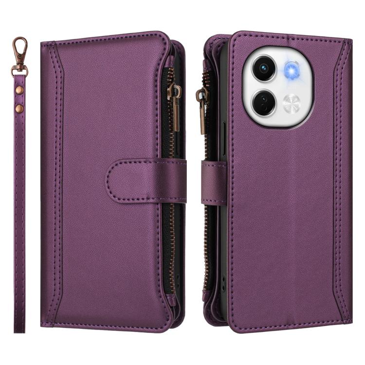 For Tecno Spark 30 5G Magnetic Closure 9 Card Slots Zipper Leather Case with Hand Strap