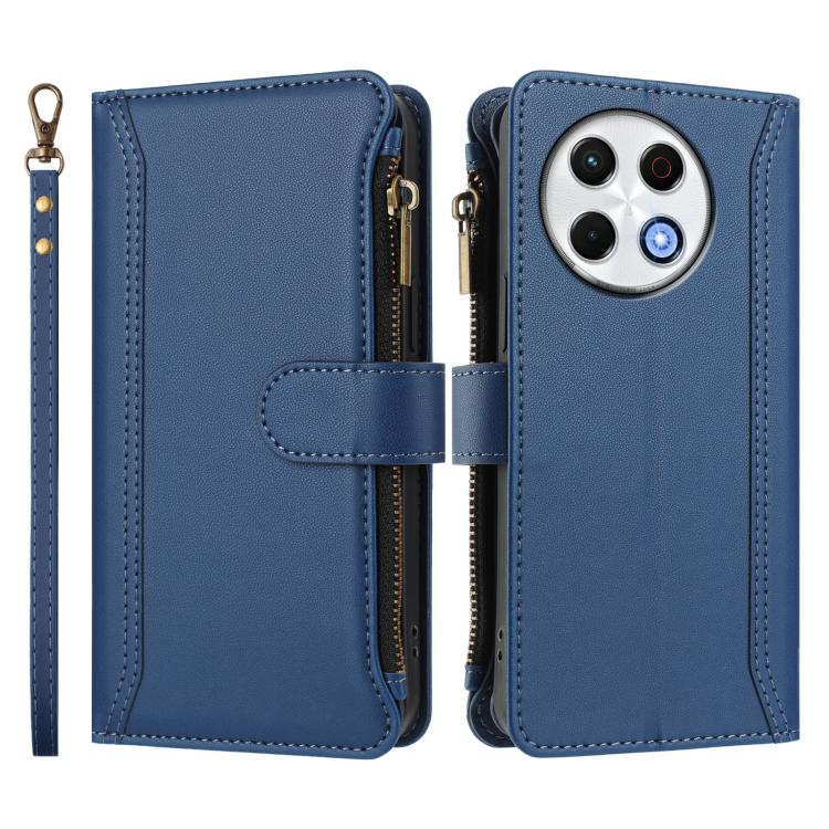 For Tecno Spark 30 Pro 4G Magnetic Closure 9 Card Slots Zipper Leather Case with Hand Strap