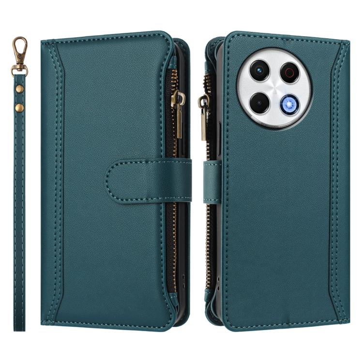 For Tecno Spark 30 Pro 4G Magnetic Closure 9 Card Slots Zipper Leather Case with Hand Strap