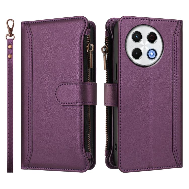 For Tecno Spark 30 Pro 4G Magnetic Closure 9 Card Slots Zipper Leather Case with Hand Strap
