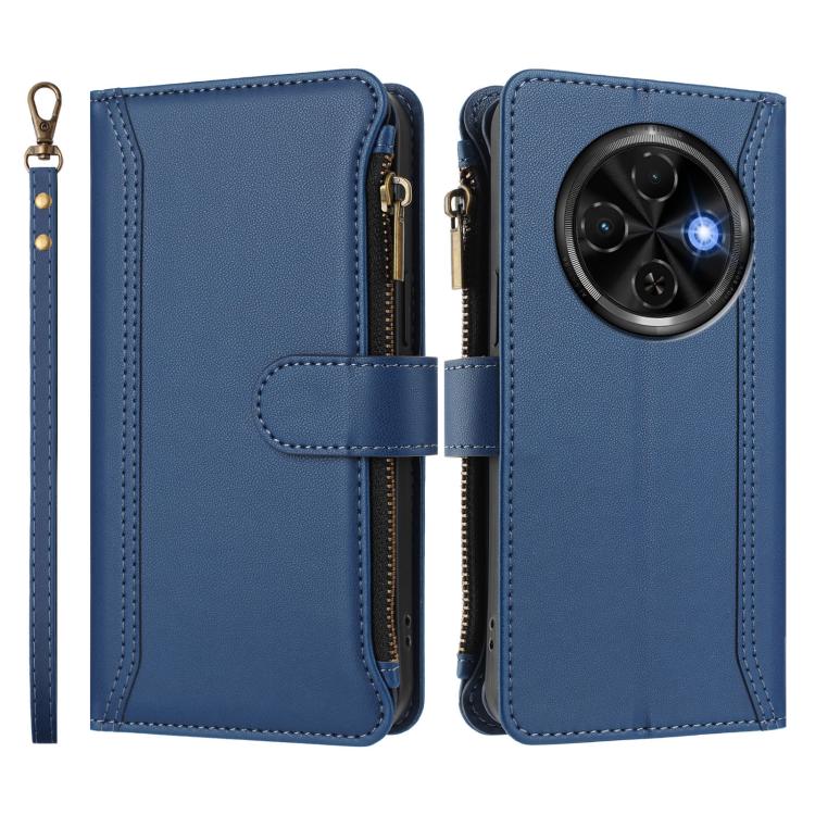 For Tecno Spark 30C 4G Magnetic Closure 9 Card Slots Zipper Leather Case with Hand Strap