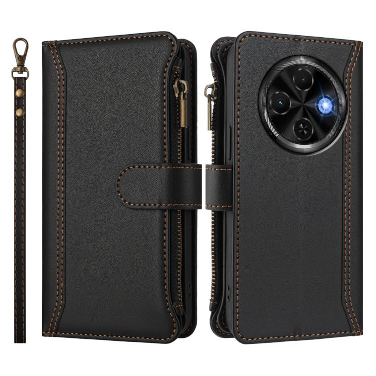 For Tecno Spark 30C 4G Magnetic Closure 9 Card Slots Zipper Leather Case with Hand Strap