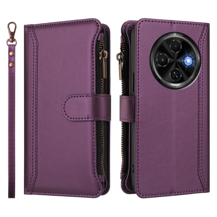 For Tecno Spark 30C 4G Magnetic Closure 9 Card Slots Zipper Leather Case with Hand Strap