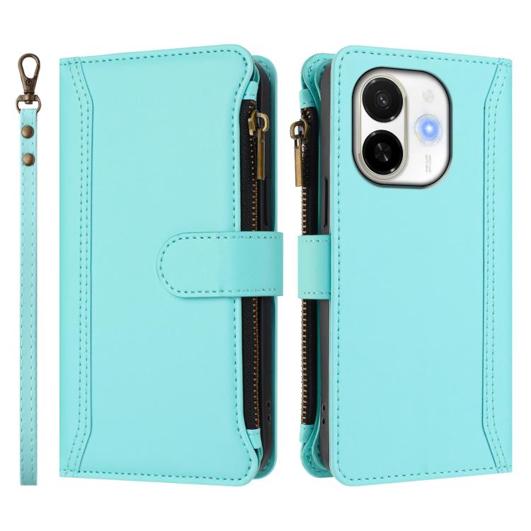 For Tecno Spark 30C 5G / Pop 9 5G Magnetic Closure 9 Card Slots Zipper Leather Case with Hand Strap