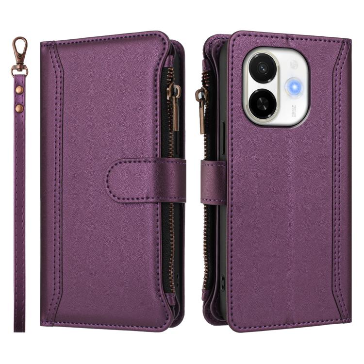 For Tecno Spark 30C 5G / Pop 9 5G Magnetic Closure 9 Card Slots Zipper Leather Case with Hand Strap