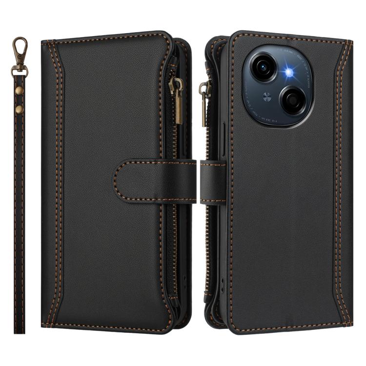 For Tecno Spark Go 1 / 1S / Pop 9 Magnetic Closure 9 Card Slots Zipper Leather Case with Hand Strap