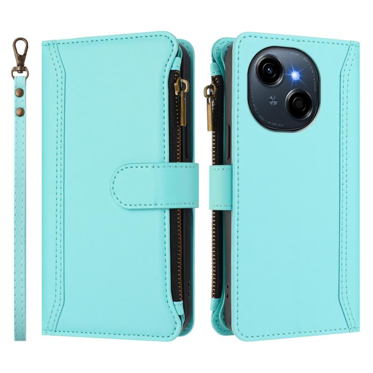 For Tecno Spark Go 1 / 1S / Pop 9 Magnetic Closure 9 Card Slots Zipper Leather Case with Hand Strap