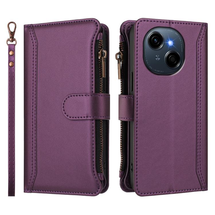 For Tecno Spark Go 1 / 1S / Pop 9 Magnetic Closure 9 Card Slots Zipper Leather Case with Hand Strap