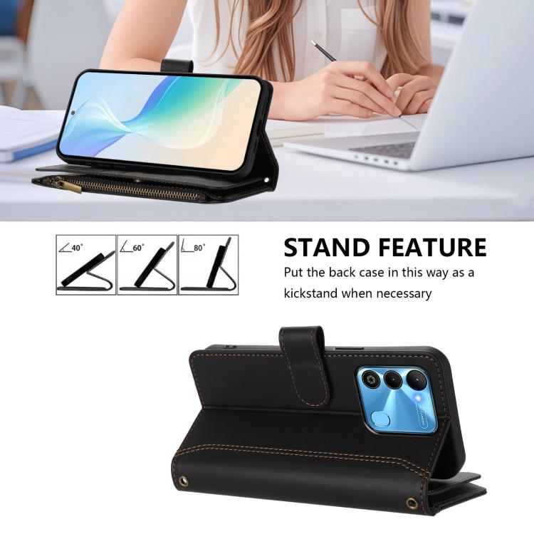 For Tecno Spark Go 2022 / Spark 8C Magnetic Closure 9 Card Slots Zipper Leather Case with Hand Strap