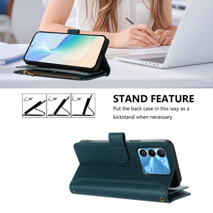 For Tecno Spark Go 2022 / Spark 8C Magnetic Closure 9 Card Slots Zipper Leather Case with Hand Strap