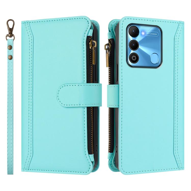 For Tecno Spark Go 2022 / Spark 8C Magnetic Closure 9 Card Slots Zipper Leather Case with Hand Strap