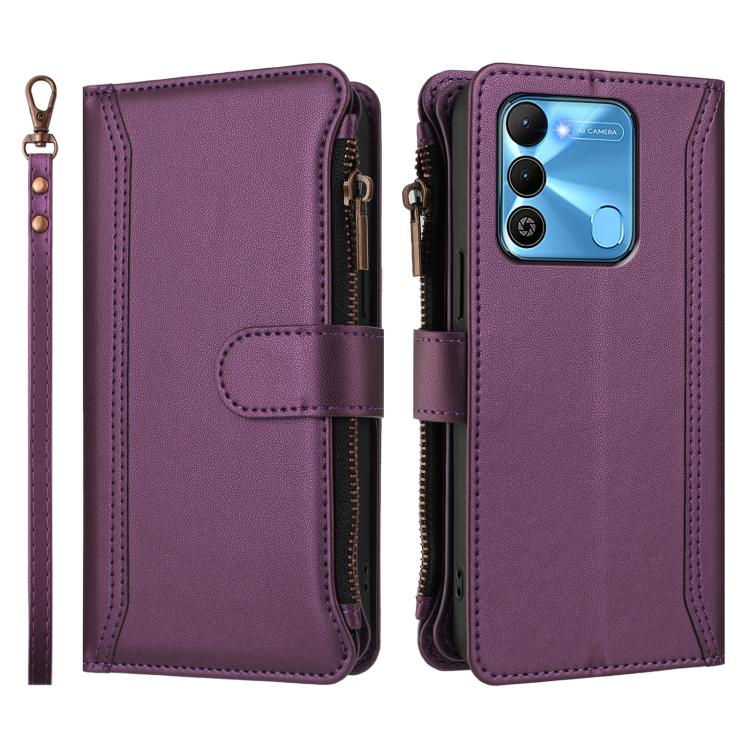 For Tecno Spark Go 2022 / Spark 8C Magnetic Closure 9 Card Slots Zipper Leather Case with Hand Strap