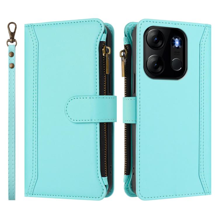 For Tecno Spark Go 2023 / Pop 7 Magnetic Closure 9 Card Slots Zipper Leather Case with Hand Strap