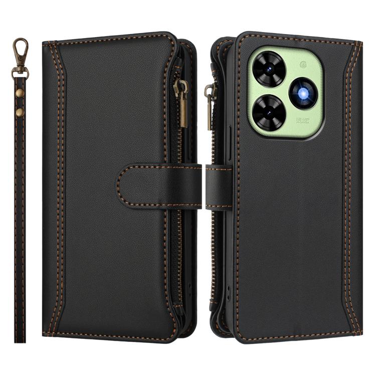 For Tecno Spark Go 2024 / 20C 4G Magnetic Closure 9 Card Slots Zipper Leather Case with Hand Strap