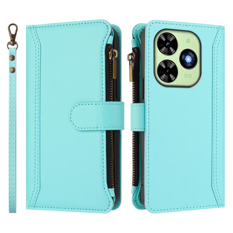 For Tecno Spark Go 2024 / 20C 4G Magnetic Closure 9 Card Slots Zipper Leather Case with Hand Strap