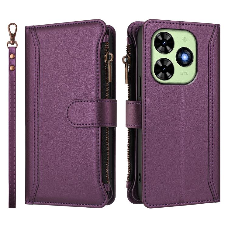 For Tecno Spark Go 2024 / 20C 4G Magnetic Closure 9 Card Slots Zipper Leather Case with Hand Strap