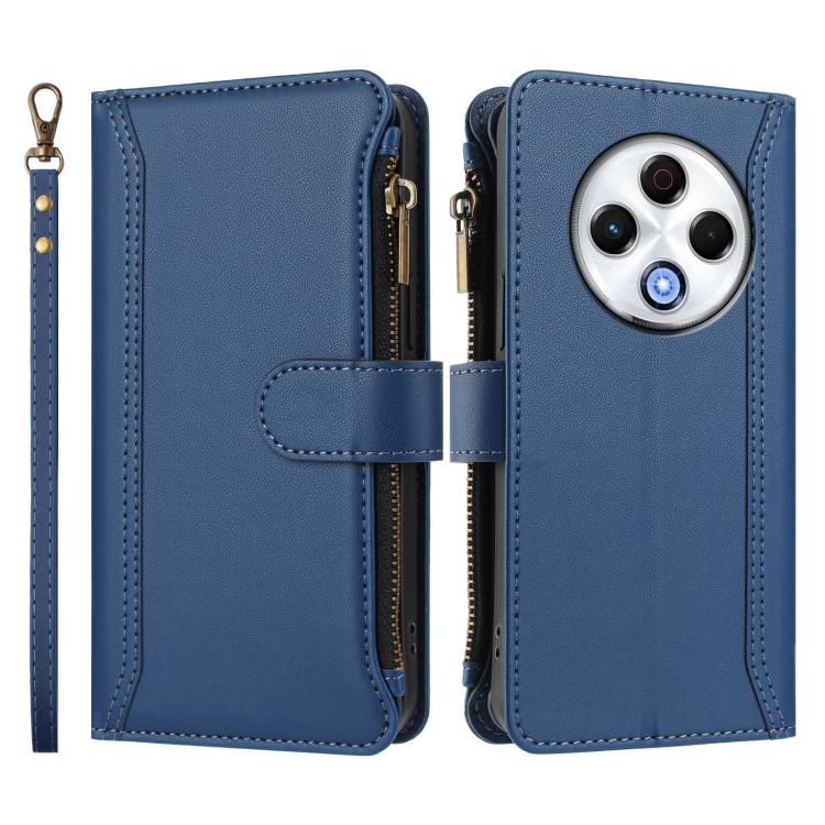 For Tecno Spark 30 4G Magnetic Closure 9 Card Slots Zipper Leather Case with Hand Strap