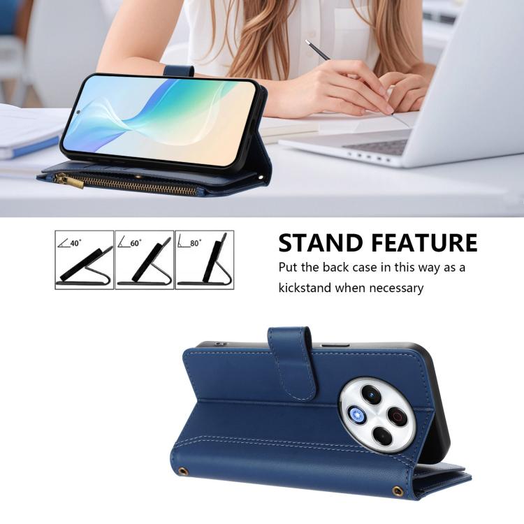 For Tecno Spark 30 4G Magnetic Closure 9 Card Slots Zipper Leather Case with Hand Strap