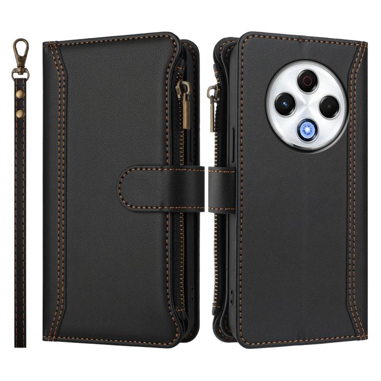 For Tecno Spark 30 4G Magnetic Closure 9 Card Slots Zipper Leather Case with Hand Strap