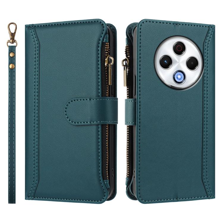 For Tecno Spark 30 4G Magnetic Closure 9 Card Slots Zipper Leather Case with Hand Strap