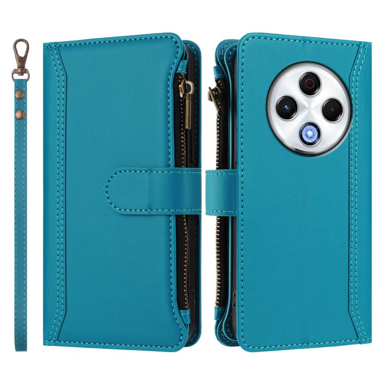 For Tecno Spark 30 4G Magnetic Closure 9 Card Slots Zipper Leather Case with Hand Strap