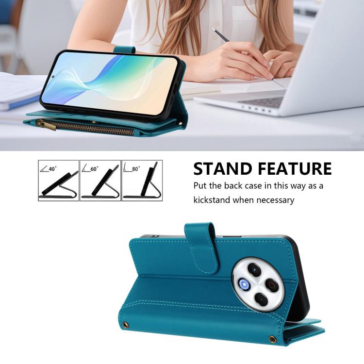 For Tecno Spark 30 4G Magnetic Closure 9 Card Slots Zipper Leather Case with Hand Strap