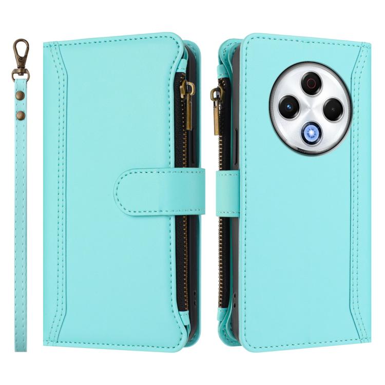 For Tecno Spark 30 4G Magnetic Closure 9 Card Slots Zipper Leather Case with Hand Strap