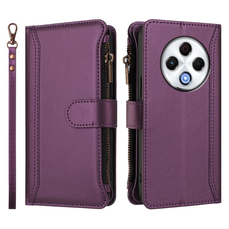 For Tecno Spark 30 4G Magnetic Closure 9 Card Slots Zipper Leather Case with Hand Strap