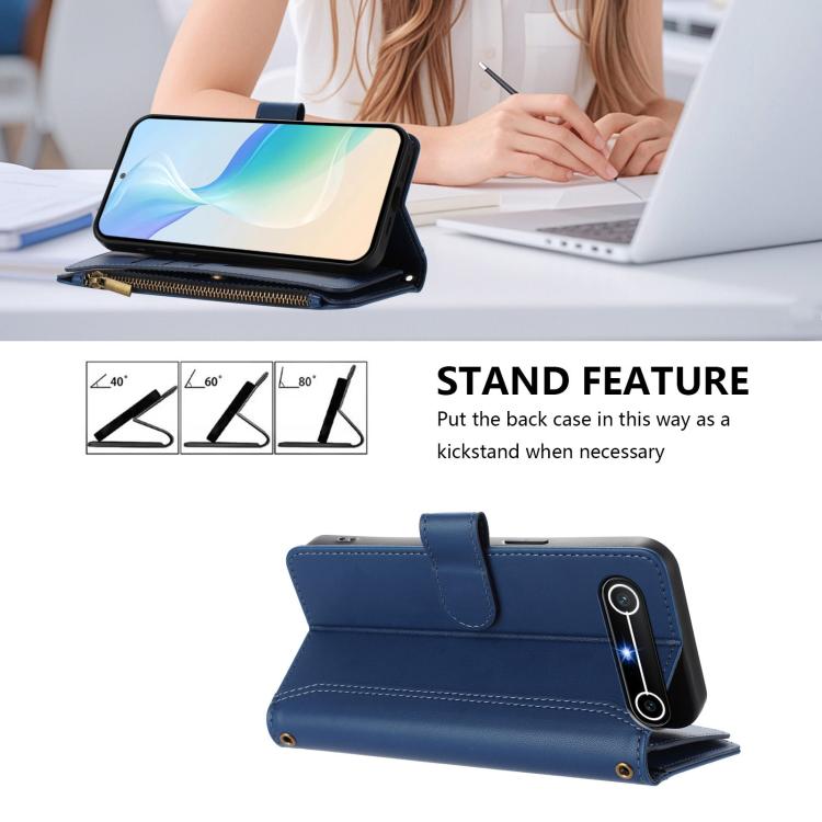 For Tecno Spark Slim 5G Magnetic Closure 9 Card Slots Zipper Leather Case with Hand Strap