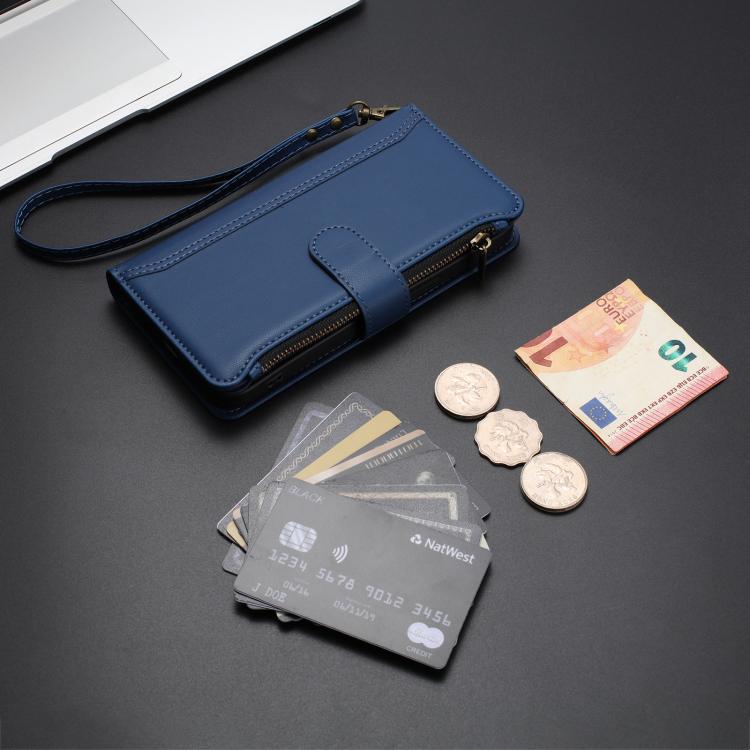 For Tecno Spark Slim 5G Magnetic Closure 9 Card Slots Zipper Leather Case with Hand Strap