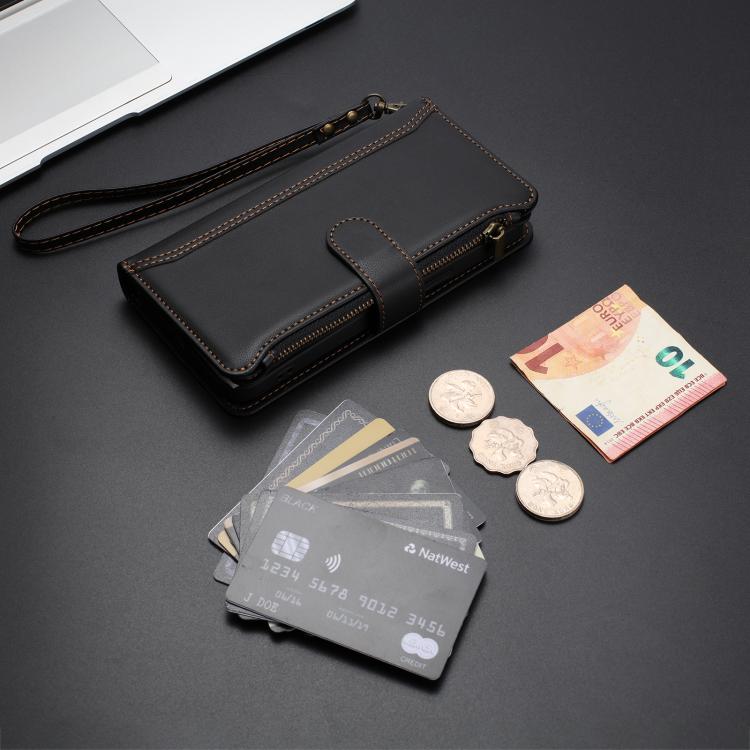 For Tecno Spark Slim 5G Magnetic Closure 9 Card Slots Zipper Leather Case with Hand Strap