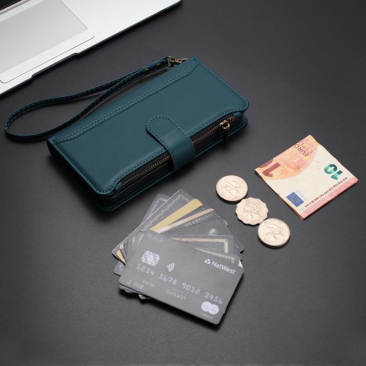 For Tecno Spark Slim 5G Magnetic Closure 9 Card Slots Zipper Leather Case with Hand Strap