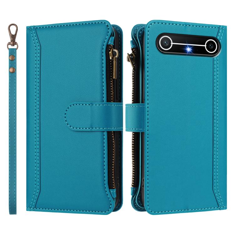 For Tecno Spark Slim 5G Magnetic Closure 9 Card Slots Zipper Leather Case with Hand Strap