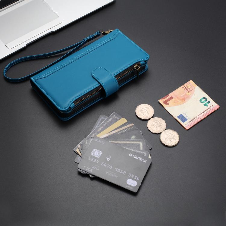 For Tecno Spark Slim 5G Magnetic Closure 9 Card Slots Zipper Leather Case with Hand Strap