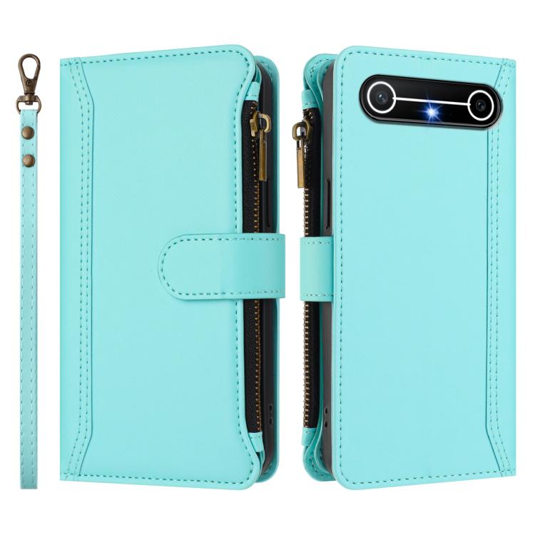 For Tecno Spark Slim 5G Magnetic Closure 9 Card Slots Zipper Leather Case with Hand Strap