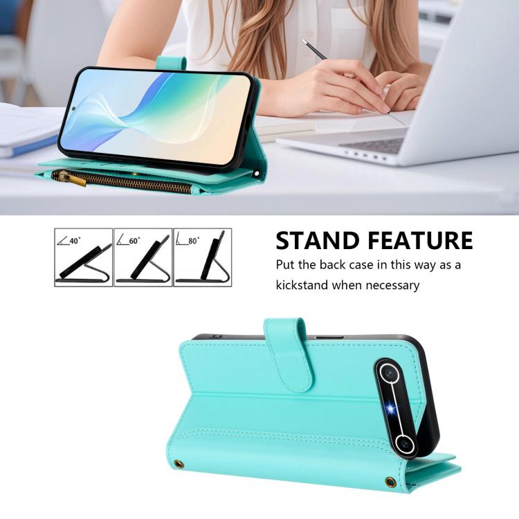 For Tecno Spark Slim 5G Magnetic Closure 9 Card Slots Zipper Leather Case with Hand Strap
