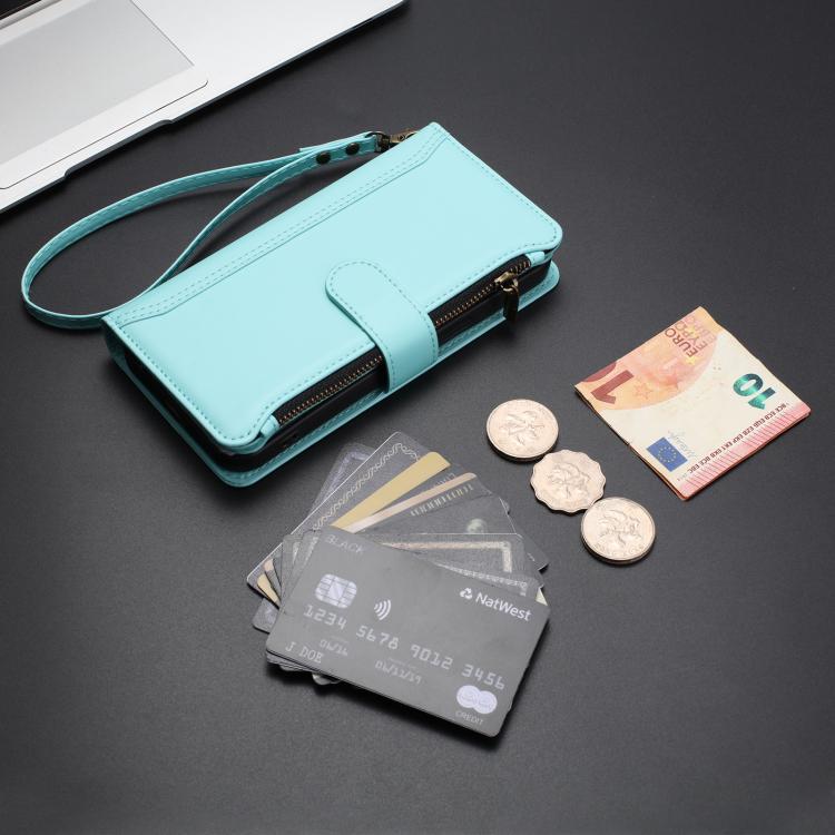 For Tecno Spark Slim 5G Magnetic Closure 9 Card Slots Zipper Leather Case with Hand Strap