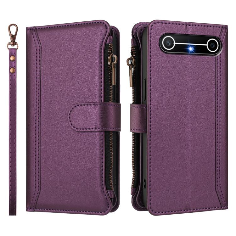 For Tecno Spark Slim 5G Magnetic Closure 9 Card Slots Zipper Leather Case with Hand Strap