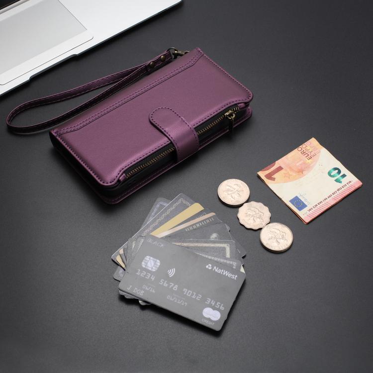 For Tecno Spark Slim 5G Magnetic Closure 9 Card Slots Zipper Leather Case with Hand Strap