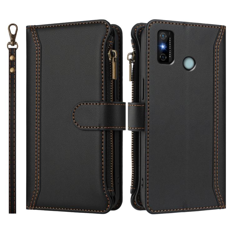 For Tecno Spark 6 Go/Spark Go 2021 Magnetic Closure 9 Card Slots Zipper Leather Case with Hand Strap