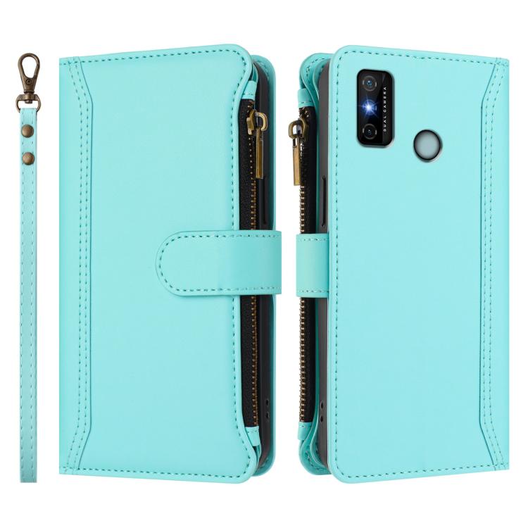 For Tecno Spark 6 Go/Spark Go 2021 Magnetic Closure 9 Card Slots Zipper Leather Case with Hand Strap
