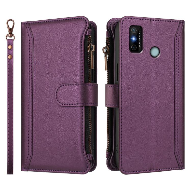 For Tecno Spark 6 Go/Spark Go 2021 Magnetic Closure 9 Card Slots Zipper Leather Case with Hand Strap