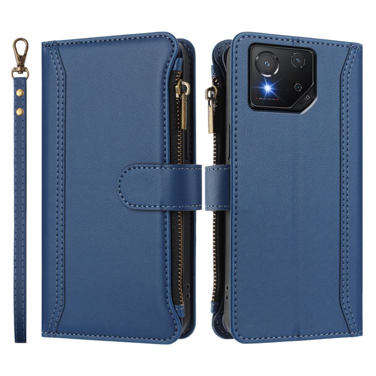 For Asus ROG Phone 8 / 8 Pro Magnetic Closure 9 Card Slots Zipper Leather Case with Hand Strap