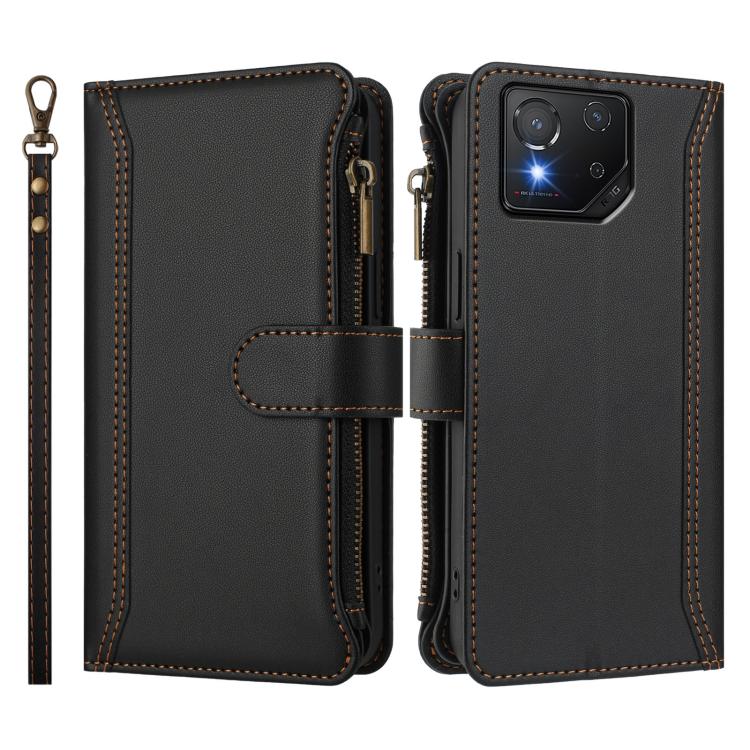 For Asus ROG Phone 8 / 8 Pro Magnetic Closure 9 Card Slots Zipper Leather Case with Hand Strap