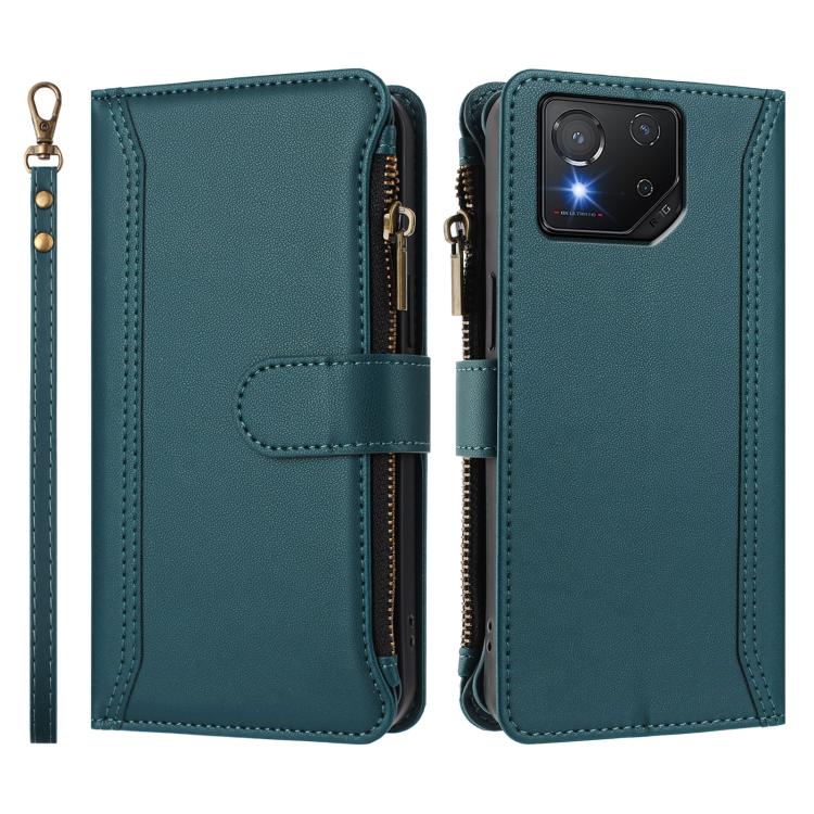 For Asus ROG Phone 8 / 8 Pro Magnetic Closure 9 Card Slots Zipper Leather Case with Hand Strap