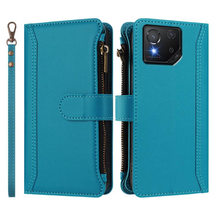 For Asus ROG Phone 8 / 8 Pro Magnetic Closure 9 Card Slots Zipper Leather Case with Hand Strap