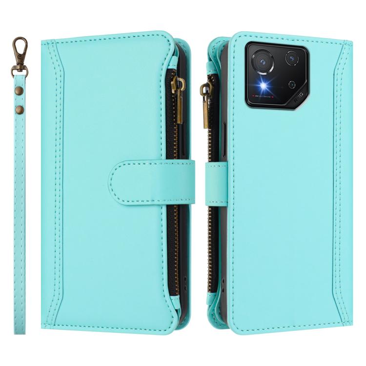 For Asus ROG Phone 8 / 8 Pro Magnetic Closure 9 Card Slots Zipper Leather Case with Hand Strap